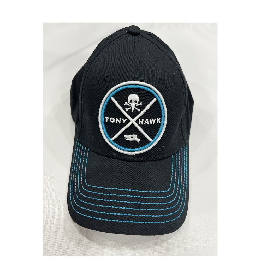 Tony Hawk Black Adjustable Baseball Cap Hat w/ Blue Stitching Skull Logo